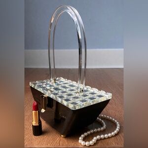 Vintage 1950s Lucite Box Purse Clear Handle Mid Century Cocktail Handbag